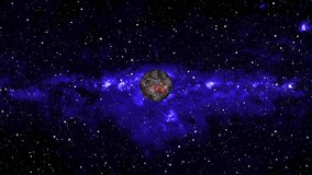 Lava planet rotating on space and galaxy background, Animation of Lava planet seen from space, Asteroids Cloud and cosmos, Near Orbiting, stars milky way, galaxy in space	