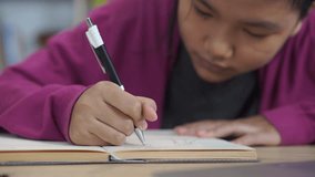 Asian elementary Children Writing Letter on diary book. Kid learn and work, read book at home. Cute Child doing and study for exam and do homework. Little Child happy and smile. Education Concept. - Powered by Shutterstock - Get 15% off with code: PIKWIZARD15