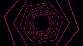 Animation of stars over spiral neon tunnel on seamless loop on black background. Light, pattern and colour concept digitally generated video.
