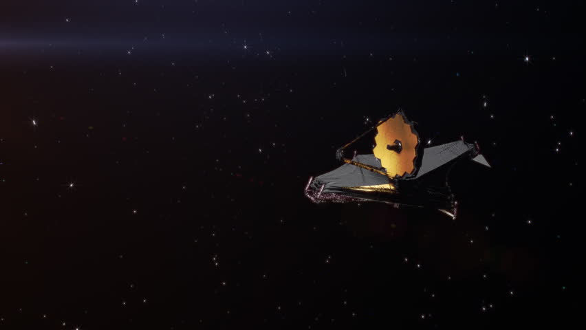 James Webb space telescope orbiting the sun in deep space. 3D animation