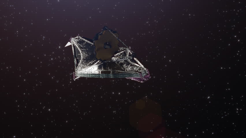 James Webb space telescope orbiting the sun in deep space. 3D animation