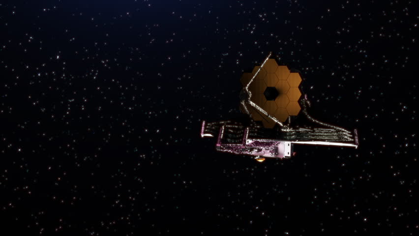 James Webb space telescope orbiting the sun in deep space. 3D animation