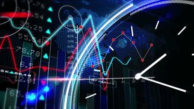 Animation of clock over financial data processing. Global business, finances, computing and data processing concept digitally generated video. - Powered by Shutterstock - Get 15% off with code: PIKWIZARD15
