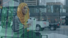 Animation of financial data processing over biracial woman in hijab eating lunch in city. Global connections, business, finances, computing and data processing concept digitally generated video.
