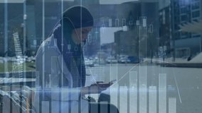 Animation of financial data processing over biracial woman in hijab using smartphone in city. Global connections, business, finances, computing and data processing concept digitally generated video. - Powered by Shutterstock - Get 15% off with code: PIKWIZARD15