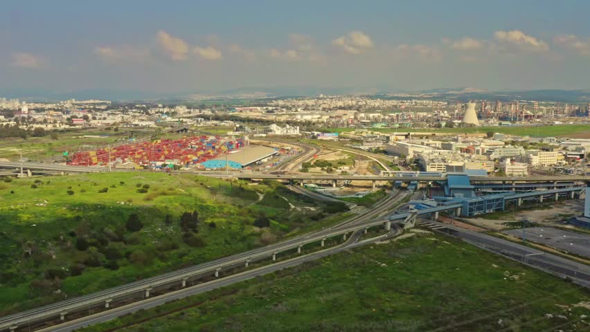 Haifa skyline Carmel panoramic aerial, industrial port, drone view, 4k Israel