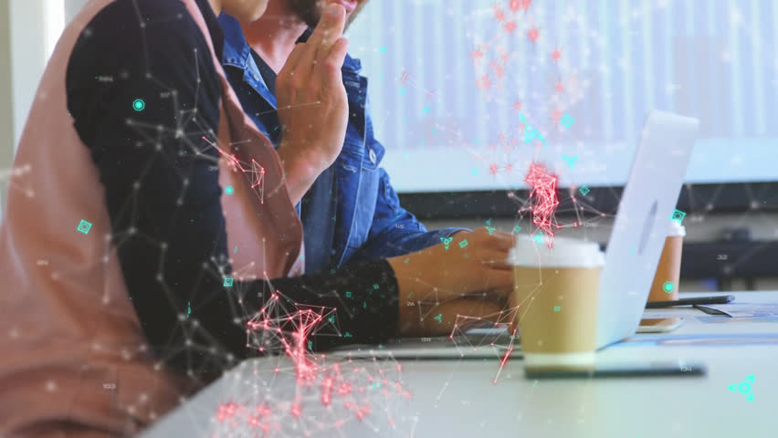 Animation of qr code with network of connections and icons over diverse business people. Global networks, business, finances, computing and data processing concept digitally generated video.