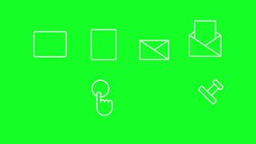 Animated office white line icons. Send letter. Signed paper. Loop HD video with chroma key, alpha channel on transparent background, black solid background. Outline motion graphic animation