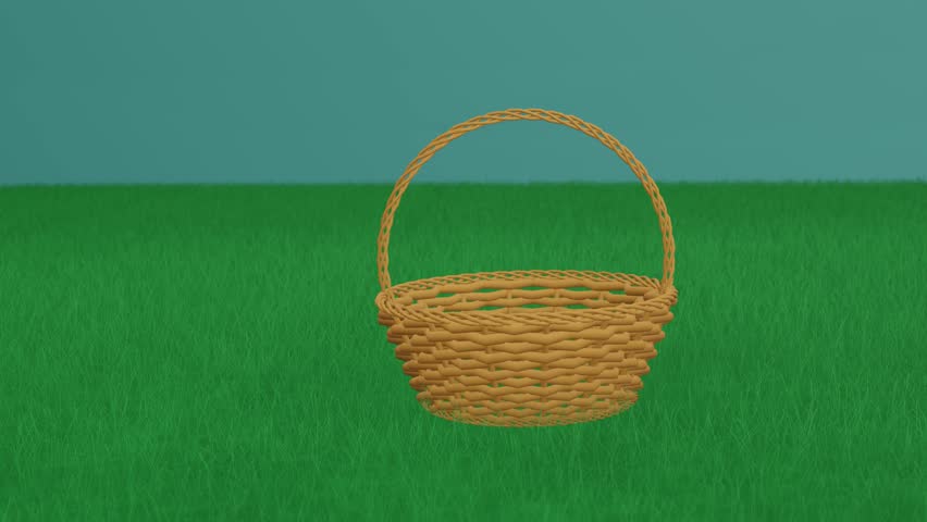 eggs fall from the sky onto the green grass and a nearby basket, 3d animation. rain of Easter eggs. Colorful easter eggs. bright and colorful Easter scene. Easter Egg Hunt