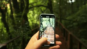 Tourist Hiker Man Shooting Video of Beautiful Jungle Trail Path Using Smartphone 4K Slow Motion Amazing Wild Nature Travel Concept Footage, Thailand.