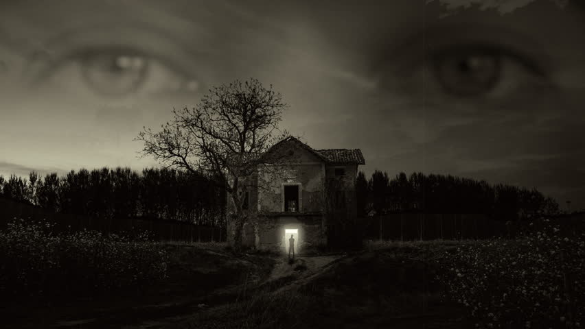Creepy Old House Eyes Spying Man Zoom In Scary Scene Vintage Film. Face in the sky observes a man in spooky house in a eerie forest, retro style. Zoom in