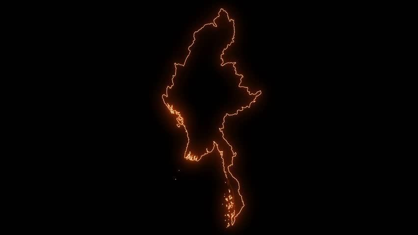 Neon map of Myanmar country on black background. 4K