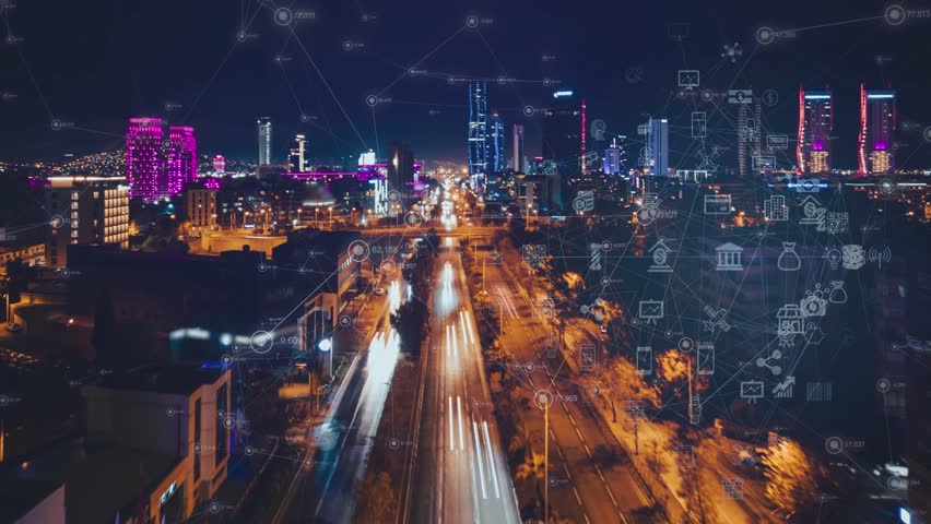 Cityscape with futuristic network connection and data communication. Technology concept. Hyperlapse Royalty-Free Stock Footage #1101313237