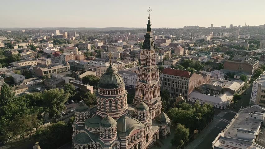 07.24.2020, Kharkiv, Ukraine.
Beautiful view of the Cathedral of the Annunciation in the rays of the setting sun.
Cathedral of the Kharkiv diocese of the Ukrainian Orthodox Church.