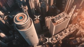 Aerial view of massive drones group flying above city. Delivery concept video