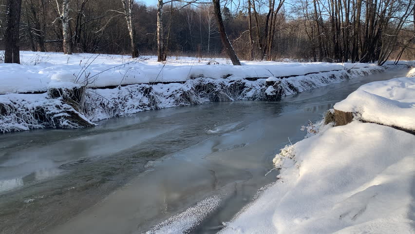 fast river opened from ice after winter, ice in the river, running water in forest,  spring landscape