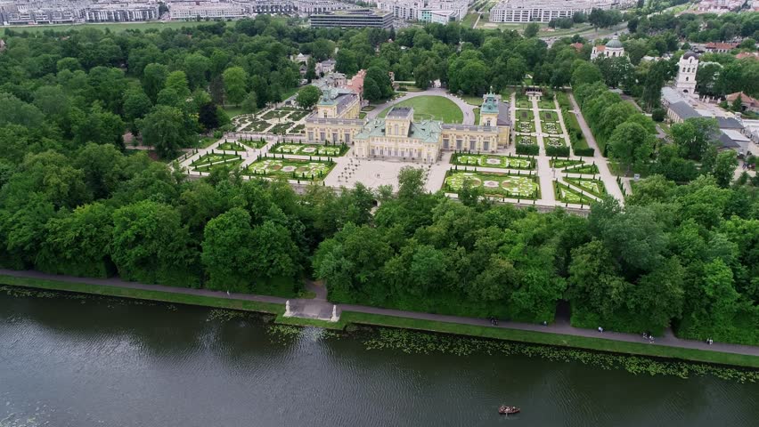 Drone shots of the baroque royal palace and garden in Warsaw. It is a former royal palace located in Warsaw