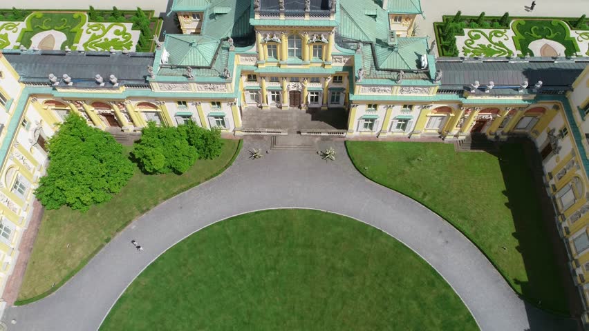 Drone shots of the baroque royal palace and garden in Warsaw. It is a former royal palace located in Warsaw