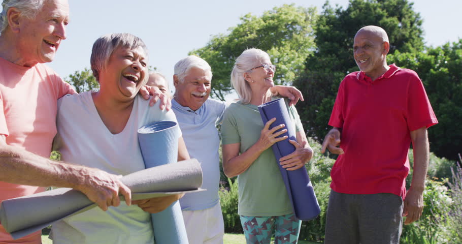 Montage of diverse group of male and female senior friends doing activities together, slow motion. Healthy, active senior lifestyle. | Shutterstock HD Video #1101323523