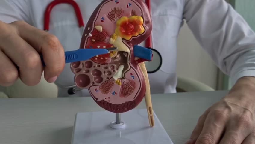 Surgery of kidneys and adrenal glands is medical surgical intervention. Doctor holds in one hand model of kidney with ureter and scalpel surgical operation to treat or remove Royalty-Free Stock Footage #1101325119