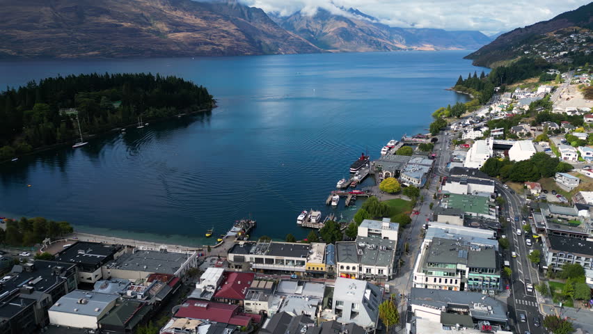 Aerial, houses by the coast in Queenstown, New Zealand