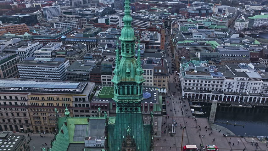 Drone shot revealing Hamburger Rathaus (Hamburg city hall) , Hamburg , Germany .