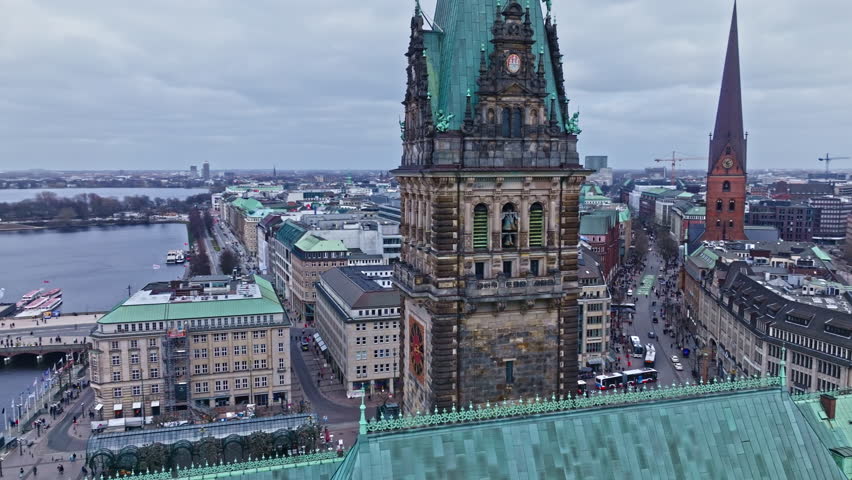 Drone shot revealing Hamburger Rathaus (Hamburg city hall) , Hamburg , Germany .