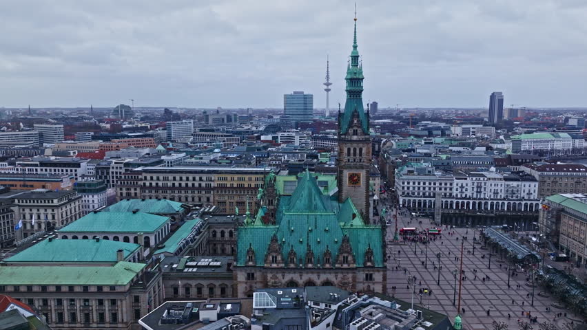 Drone shot of Hamburg Town hall or Hamburger Rathaus and Town Hall Market ( Rathausmarkt ) Hamburg , Germany .