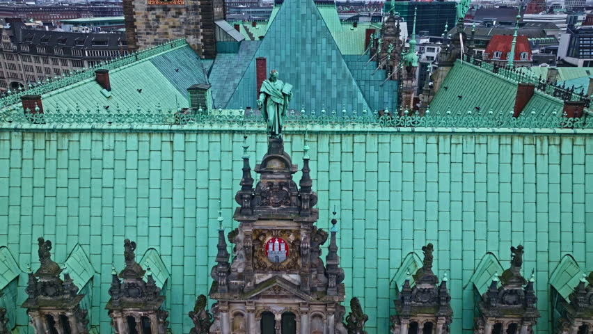 Drone shot revealing Hamburger Rathaus (Hamburg city hall) , Hamburg , Germany .