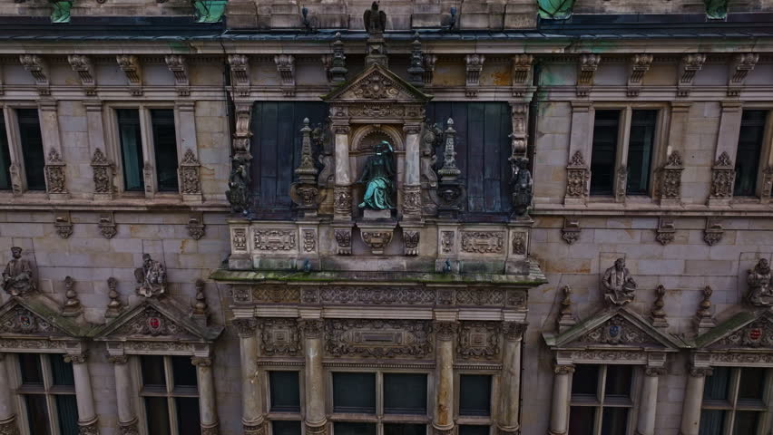 Drone shot revealing Hamburger Rathaus (Hamburg city hall) , Hamburg , Germany .