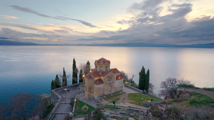 Saint John the Theologian, Kaneo situated on the cliff over Kaneo Beach overlooking Lake Ohrid in the city of Ohrid, North Macedonia.