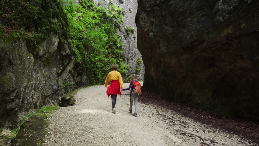active children  hiking by the Prapastiile Zarnestiului canyon, Piatra Craiului National Park, Romania

