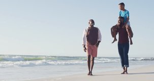 Video of african american grandfather and father carrying son on arms and walking on beach. Holidays, vacations, relations and spending quality family time together concept.