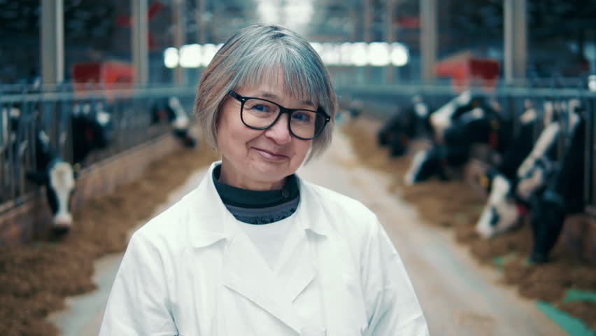Female cowhouse worker is smiling at the camera