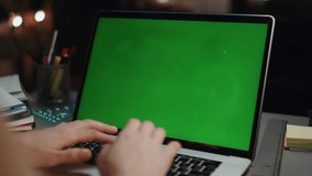 Student hands typing chromakey laptop at dark room closeup. Busy woman arms pressing buttons on green screen device keyboard at night. Unknown freelancer girl texting working mockup gadget macro view - Powered by Shutterstock - Get 15% off with code: PIKWIZARD15
