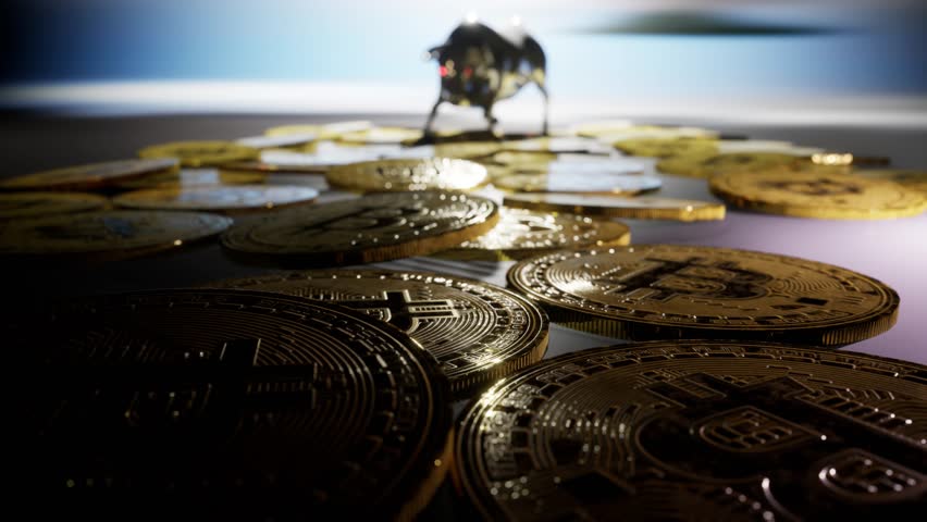 bitcoin on ground path way to the angry bull with red eyes 3d render animation Royalty-Free Stock Footage #1101339451