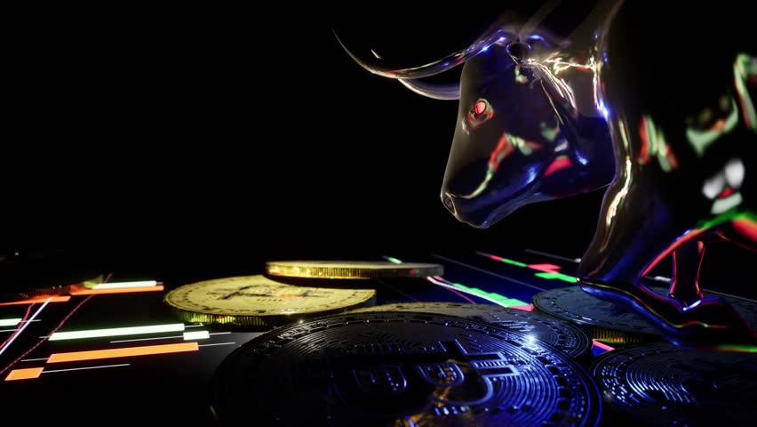 stock trading animation on the floor with statue of porcelain bull with bitcoins and camera move arround bull Royalty-Free Stock Footage #1101339453