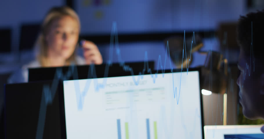 Animation of financial data processing over caucasian businesswoman working in office. Global business, finances, computing and data processing concept digitally generated video.