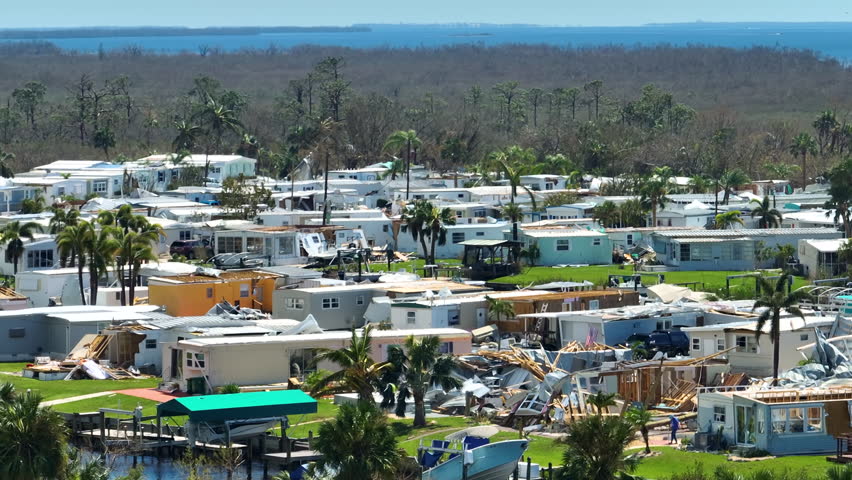 Severely damaged by hurricane Ian houses in Florida mobile home residential area. Consequences of natural disaster