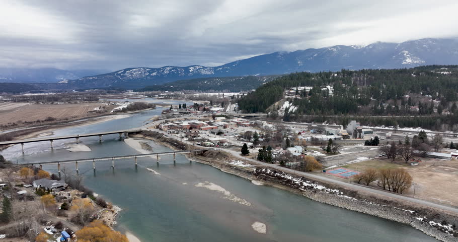 Bonners Ferry Idaho USA Aerial Establishing Shot of City Above Kootenay River