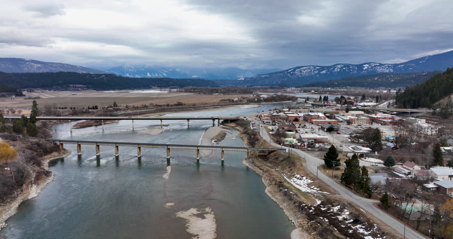 Aerial Perspective of Bonners Ferry Idaho USA City Landscape Above Kootenay River