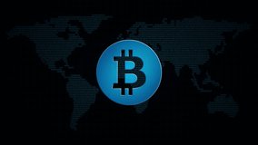 Bitcoin icon in global map with waves. Technology money symbol in digital background. Loop video animation.