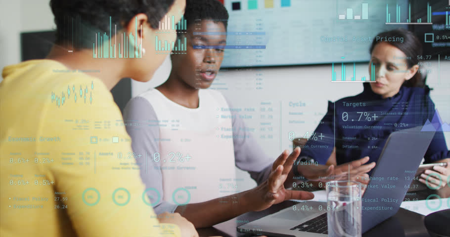 Animation of data processing over diverse business people talking in office. Global business and digital interface concept digitally generated video.