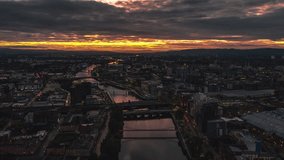 Establishing Aerial View Shot of Glasgow UK, Lanarkshire, Renfrewshire, Scotland United Kingdom, magical sunset, tracking forward over the river, p2