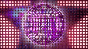 Animation of neon stars over disco ball and spots. Party, celebration and digital interface concept digitally generated video.