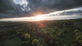 Establishing Aerial View Shot of Bath UK, Somerset, England United Kingdom, Royal Crescent, blast of sun