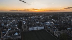 Establishing Aerial View Shot of Cambridge UK, academic city, Cambridgeshire ,United Kingdom, King's College Chapel, amazing morning