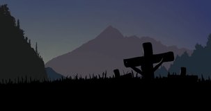 Animation of crosses over grass and mountain landscape. Faith, religion and cross concept digitally generated video.