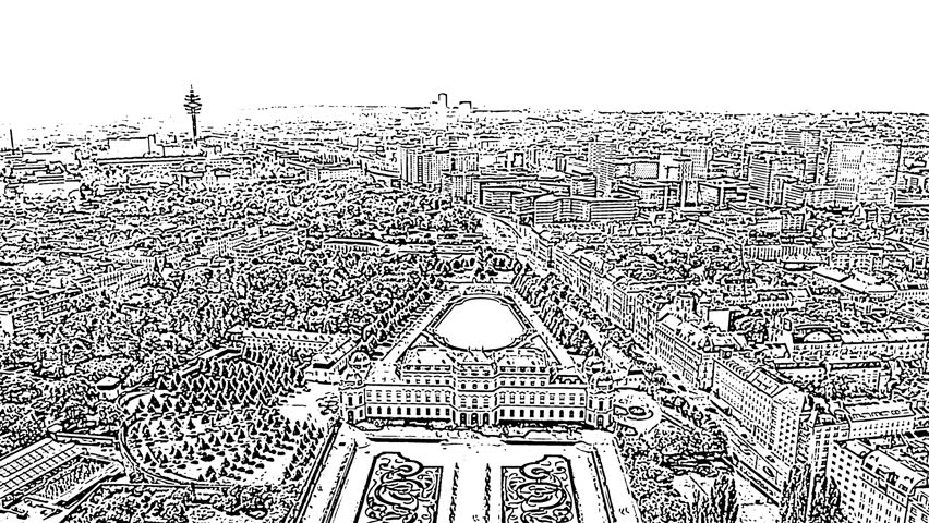 Vienna, Austria. The Belvedere is a baroque palace complex featuring two palaces connected by formal gardens, viewed from above in a black and white hand-drawn illustration. The Upper Belvedere sits at the center of a long, symmetrical terraced garden with geometric parterres, ornate pathways, and sculpted hedges that cascade down toward the Lower Belvedere and the city beyond. The surrounding urban landscape of Vienna spreads outward in all directions, with dense tree canopies, historic rooftops, and modern high-rises visible on the horizon. The entire ensemble, designed by Johann Lukas von Hildebrandt in the early 18th century as the summer residence of Prince Eugene of Savoy, appears on the Austrian 20-cent euro coin and forms part of the UNESCO World Heritage Historic Centre of Vienna. The monochrome line-art treatment emphasizes the architectural geometry and urban scale, Departure of the camera. Sketch doodle style.
