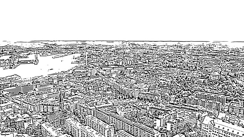 Sketch doodle style. Gothenburg, Sweden. Panorama of the city and the river Goeta Elv. The historical center of the city. Cloudy weather, Aerial View